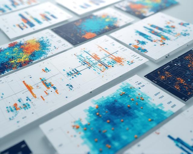 Clean grid layout of various analytical charts including heatmaps and scatter plots