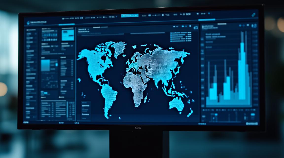 Futuristic business intelligence dashboard showing real-time global analytics